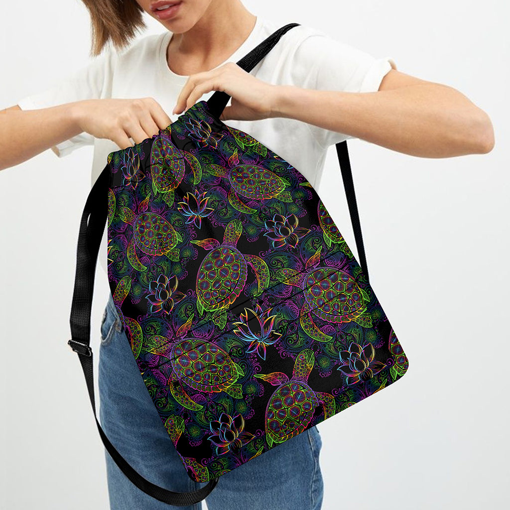 Psychedelic Sea Turtle Pattern Print Drawstring Backpack