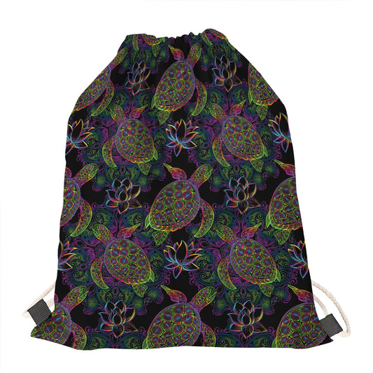 Psychedelic Sea Turtle Pattern Print Drawstring Bag
