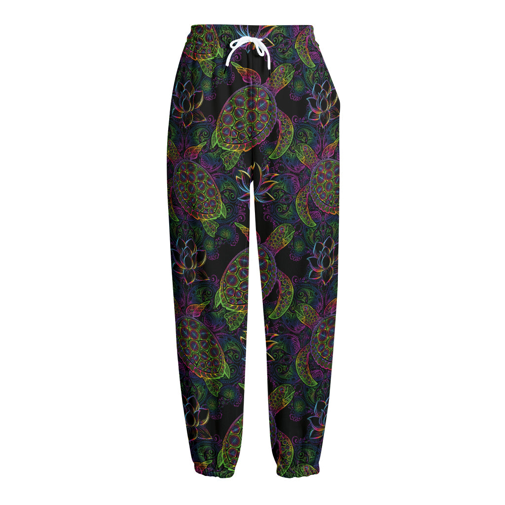 Psychedelic Sea Turtle Pattern Print Fleece Lined Knit Pants