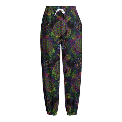 Psychedelic Sea Turtle Pattern Print Fleece Lined Knit Pants