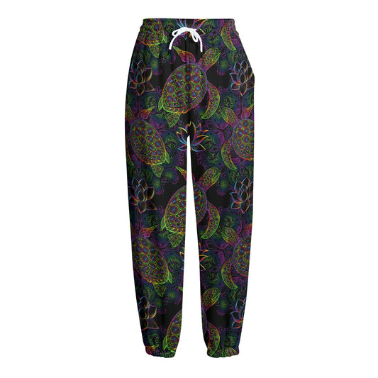 Psychedelic Sea Turtle Pattern Print Fleece Lined Knit Pants