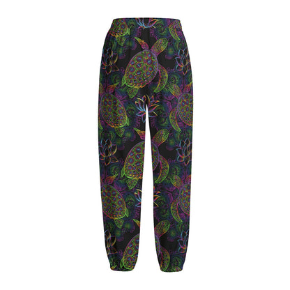 Psychedelic Sea Turtle Pattern Print Fleece Lined Knit Pants