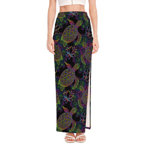 Psychedelic Sea Turtle Pattern Print High Slit Maxi Skirt