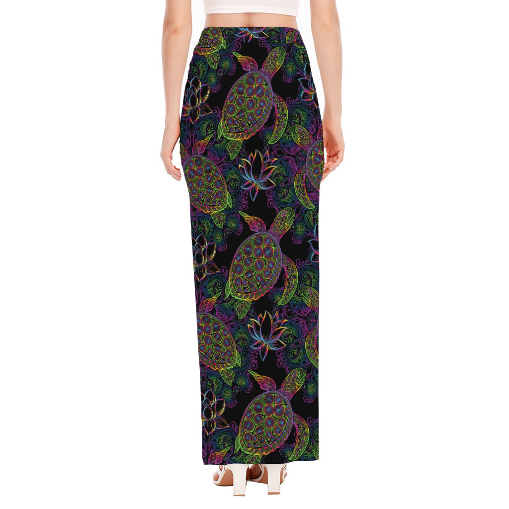 Psychedelic Sea Turtle Pattern Print High Slit Maxi Skirt