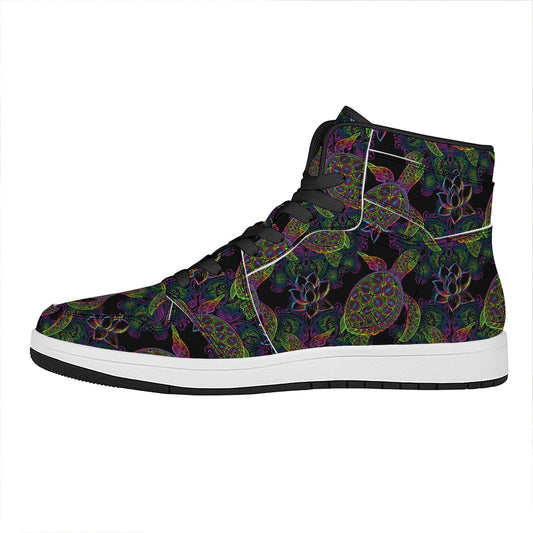 Psychedelic Sea Turtle Pattern Print High Top Leather Sneakers