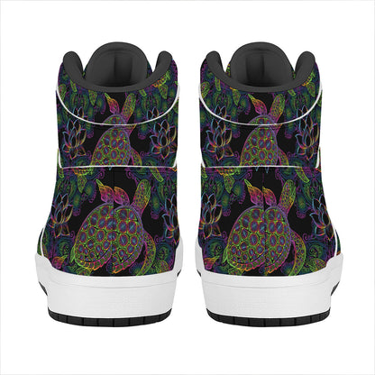 Psychedelic Sea Turtle Pattern Print High Top Leather Sneakers