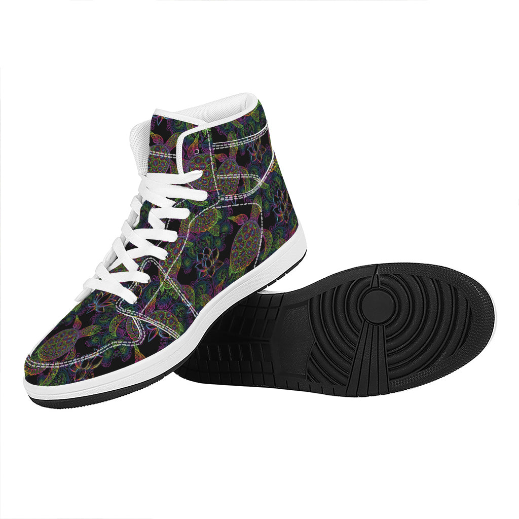 Psychedelic Sea Turtle Pattern Print High Top Leather Sneakers