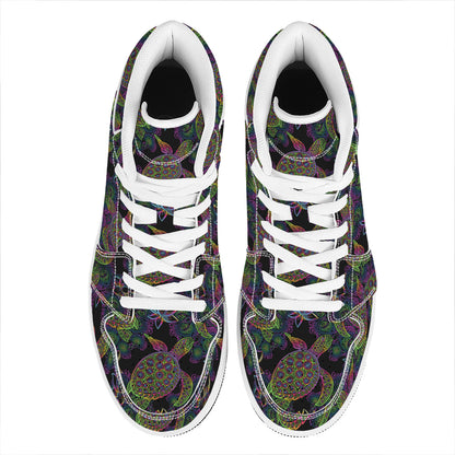 Psychedelic Sea Turtle Pattern Print High Top Leather Sneakers