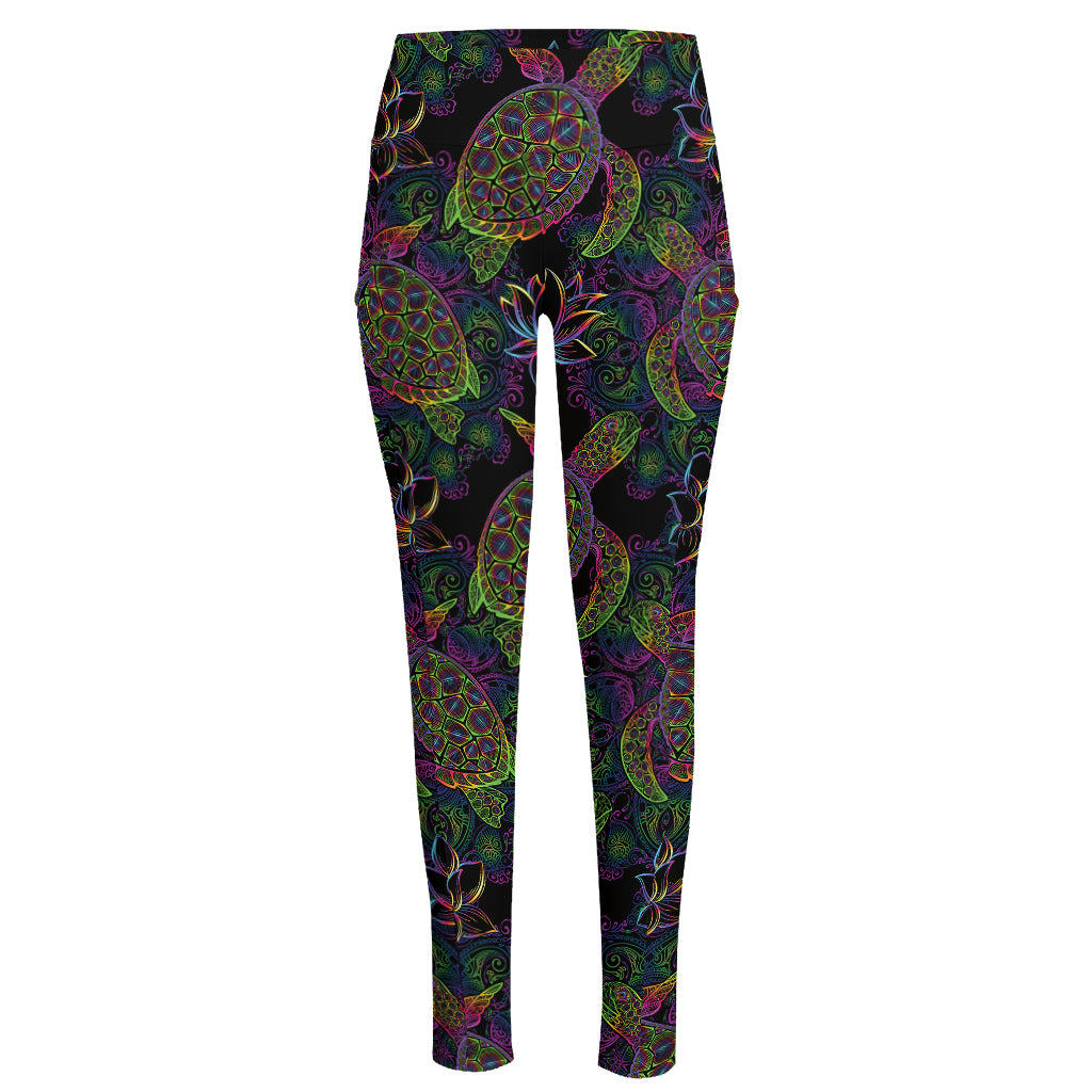 Psychedelic Sea Turtle Pattern Print High-Waisted Pocket Leggings