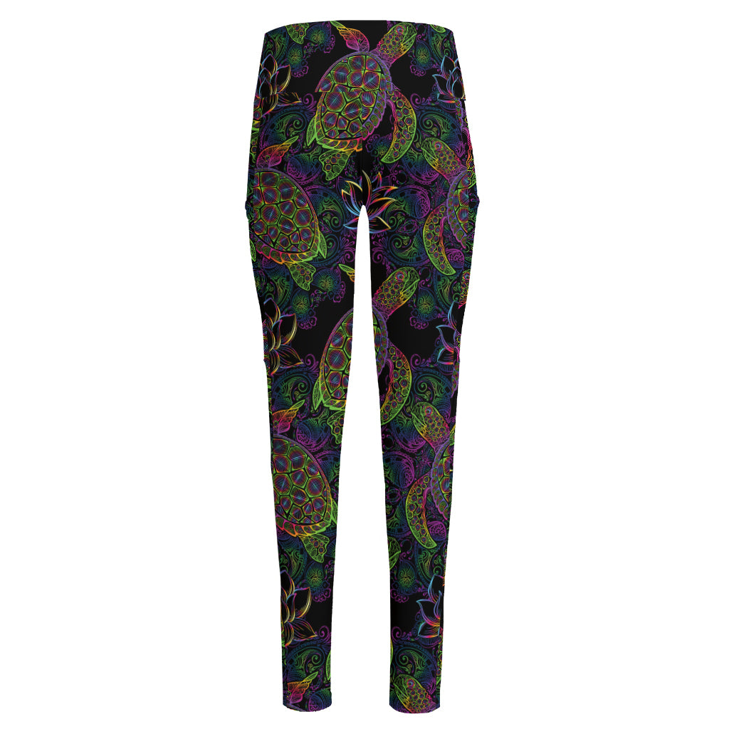 Psychedelic Sea Turtle Pattern Print High-Waisted Pocket Leggings