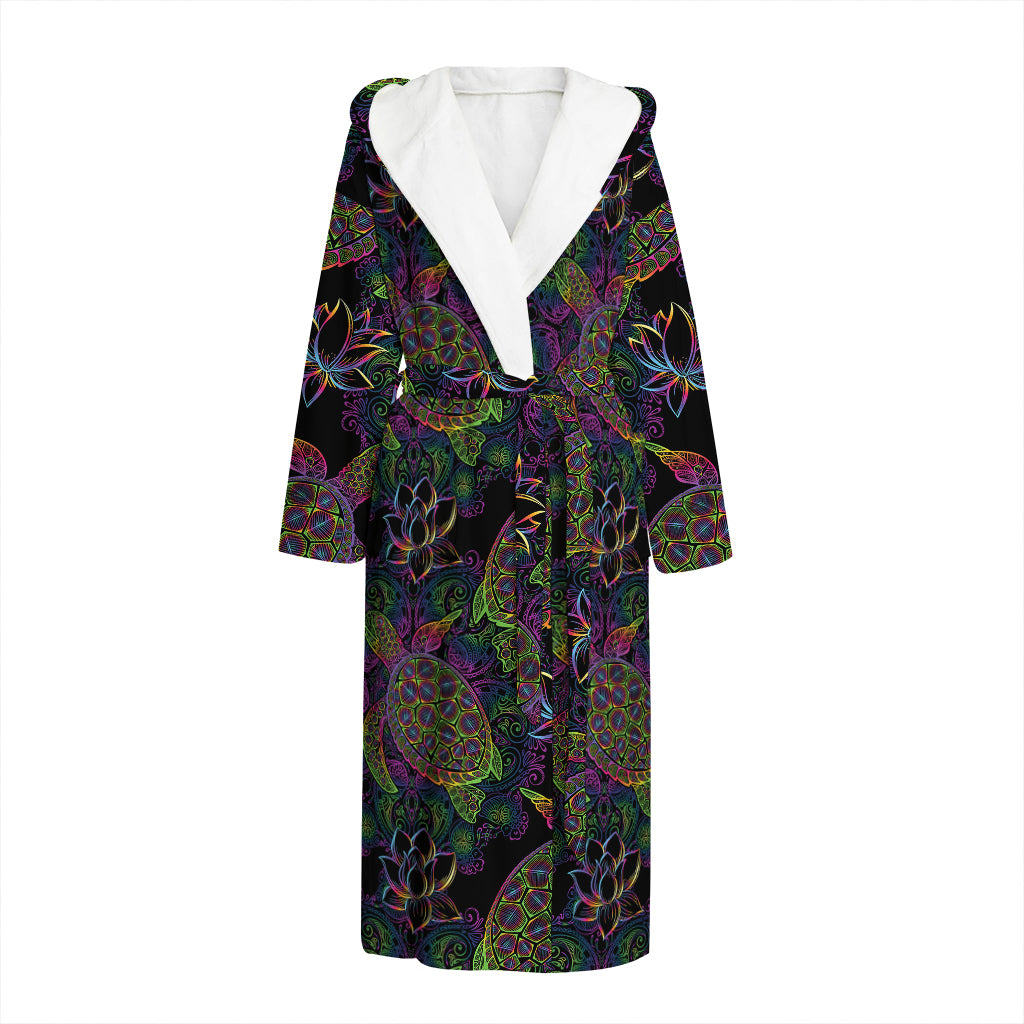 Psychedelic Sea Turtle Pattern Print Hooded Bathrobe