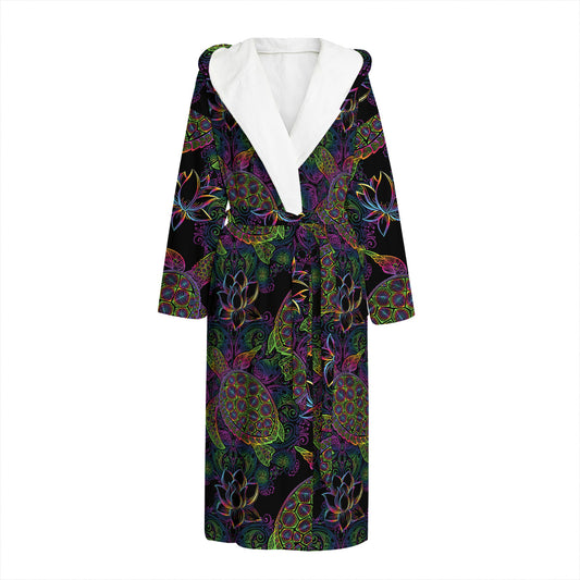 Psychedelic Sea Turtle Pattern Print Hooded Bathrobe
