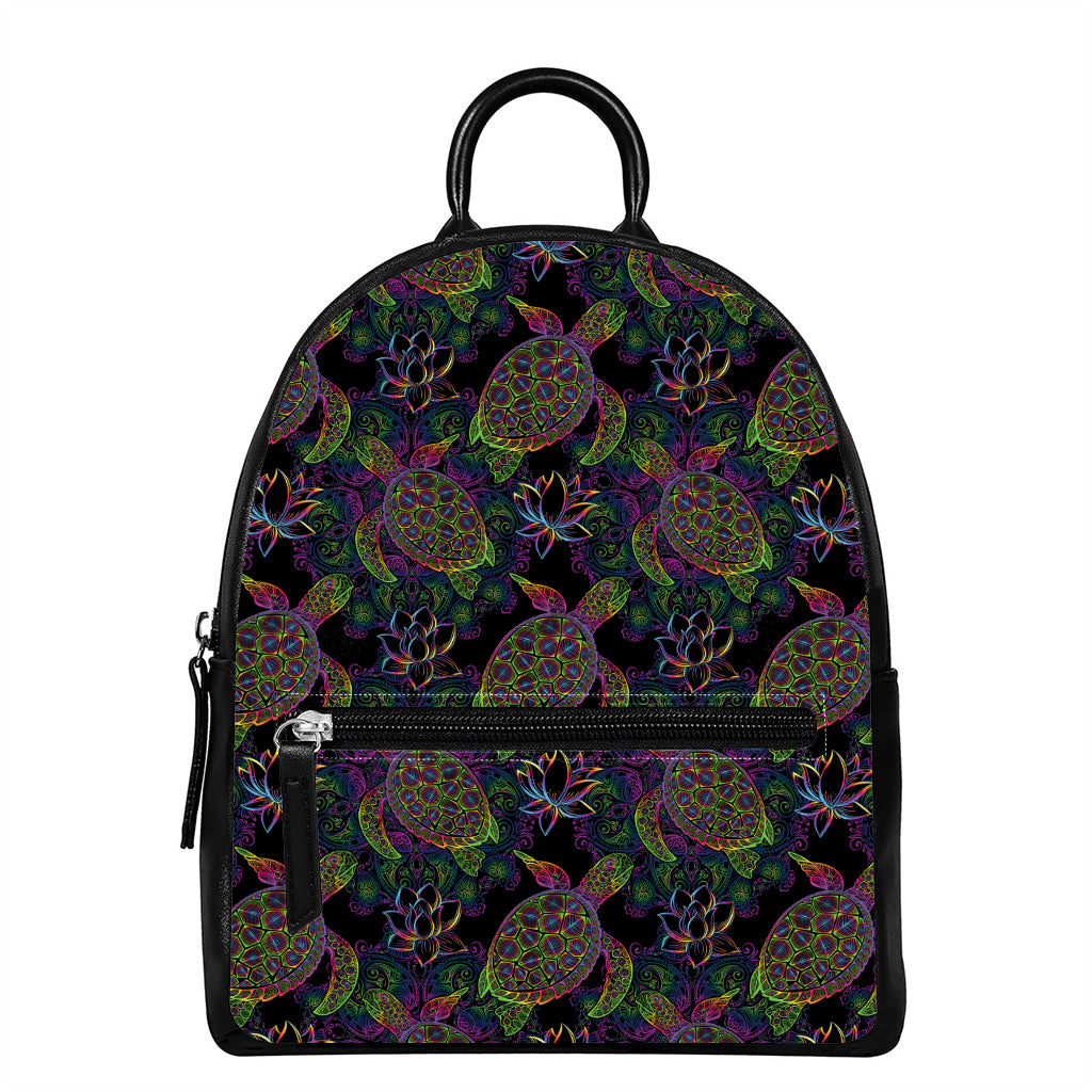 Psychedelic Sea Turtle Pattern Print Leather Backpack