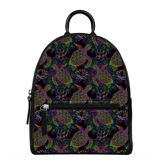 Psychedelic Sea Turtle Pattern Print Leather Backpack