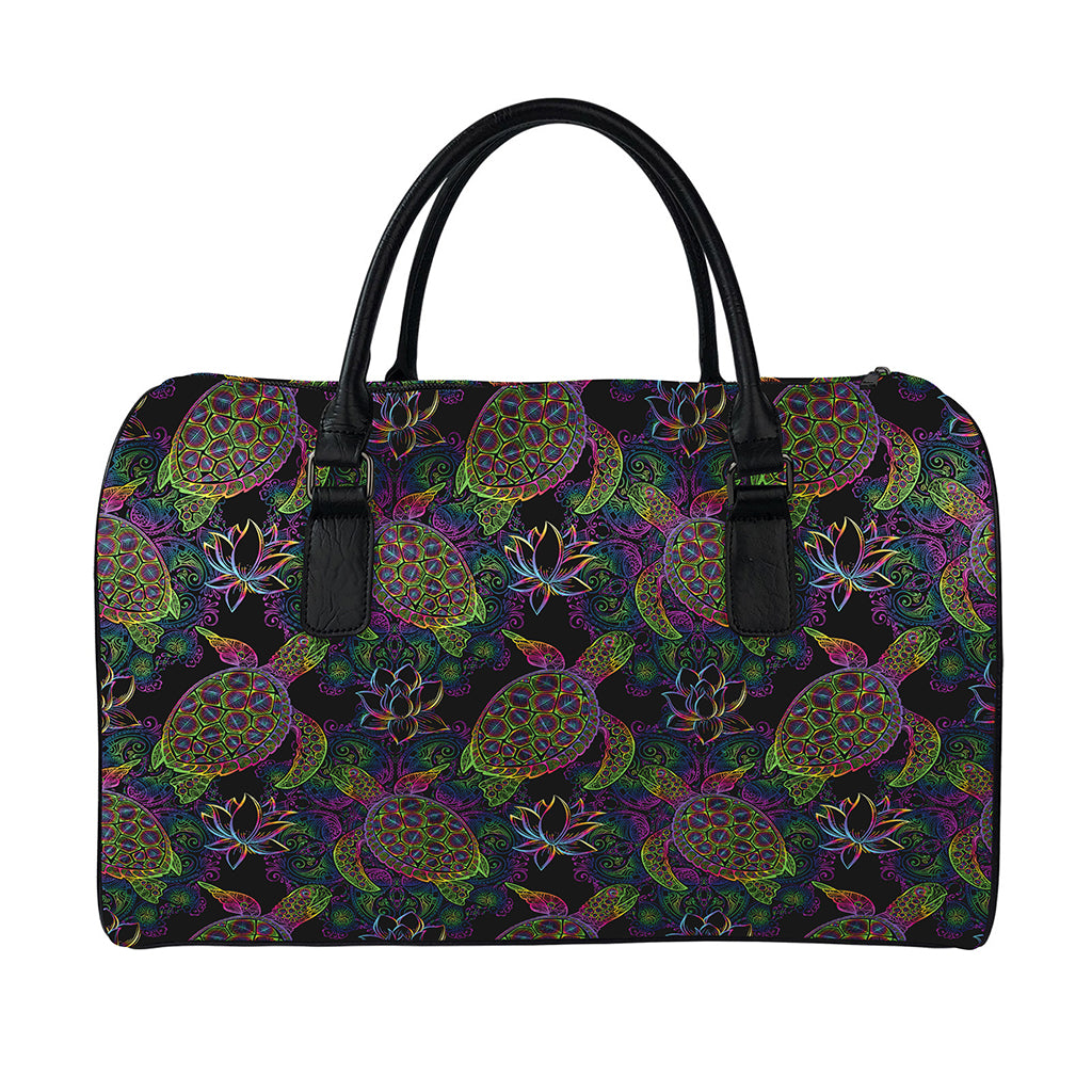 Psychedelic Sea Turtle Pattern Print Leather Duffle Bag