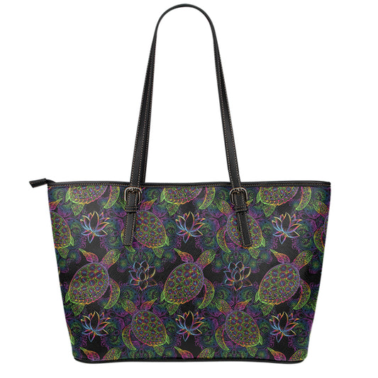 Psychedelic Sea Turtle Pattern Print Leather Tote Bag