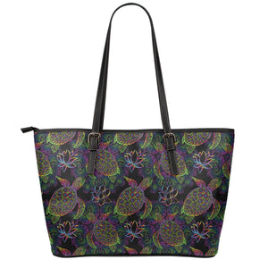 Psychedelic Sea Turtle Pattern Print Leather Tote Bag