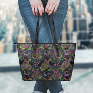 Psychedelic Sea Turtle Pattern Print Leather Tote Bag