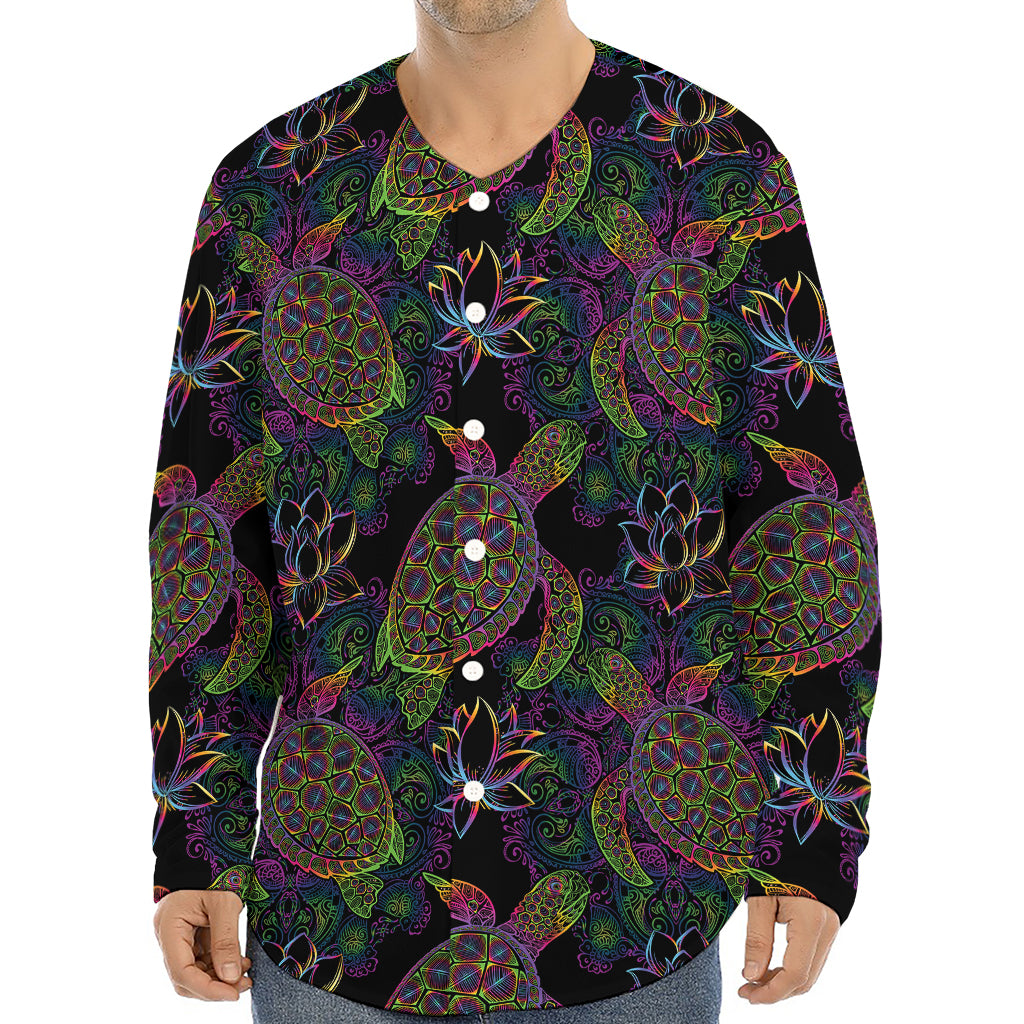 Psychedelic Sea Turtle Pattern Print Long Sleeve Baseball Jersey