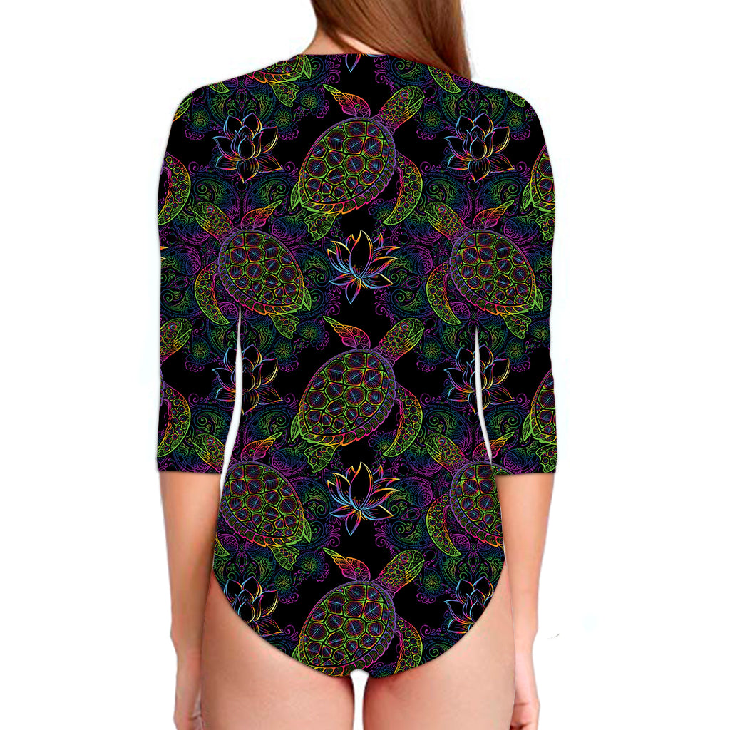 Psychedelic Sea Turtle Pattern Print Long Sleeve Swimsuit