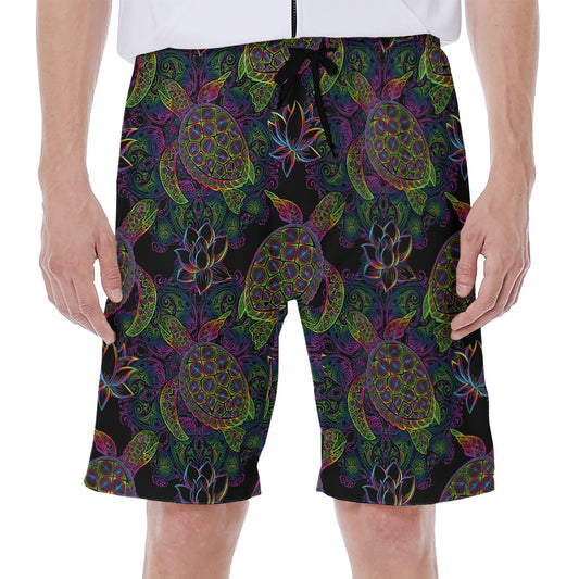 Psychedelic Sea Turtle Pattern Print Men's Beach Shorts