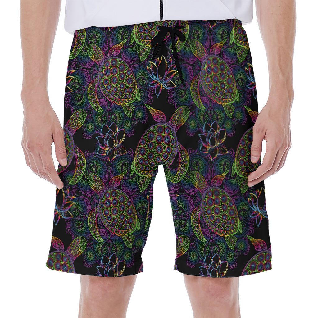 Psychedelic Sea Turtle Pattern Print Men's Beach Shorts