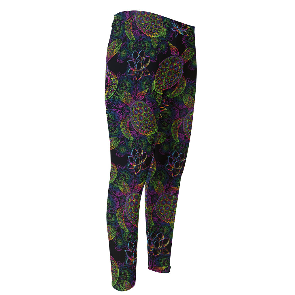 Psychedelic Sea Turtle Pattern Print Men's Compression Pants