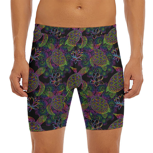 Psychedelic Sea Turtle Pattern Print Men's Long Boxer Briefs