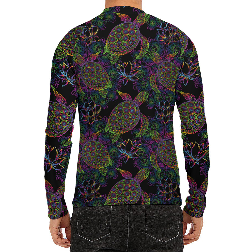 Psychedelic Sea Turtle Pattern Print Men's Long Sleeve Rash Guard