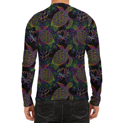 Psychedelic Sea Turtle Pattern Print Men's Long Sleeve Rash Guard