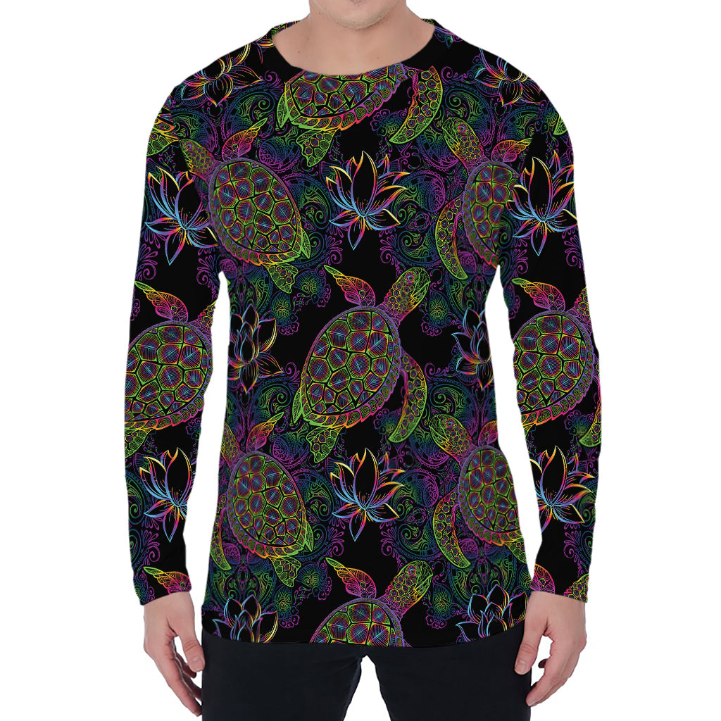 Psychedelic Sea Turtle Pattern Print Men's Long Sleeve T-Shirt