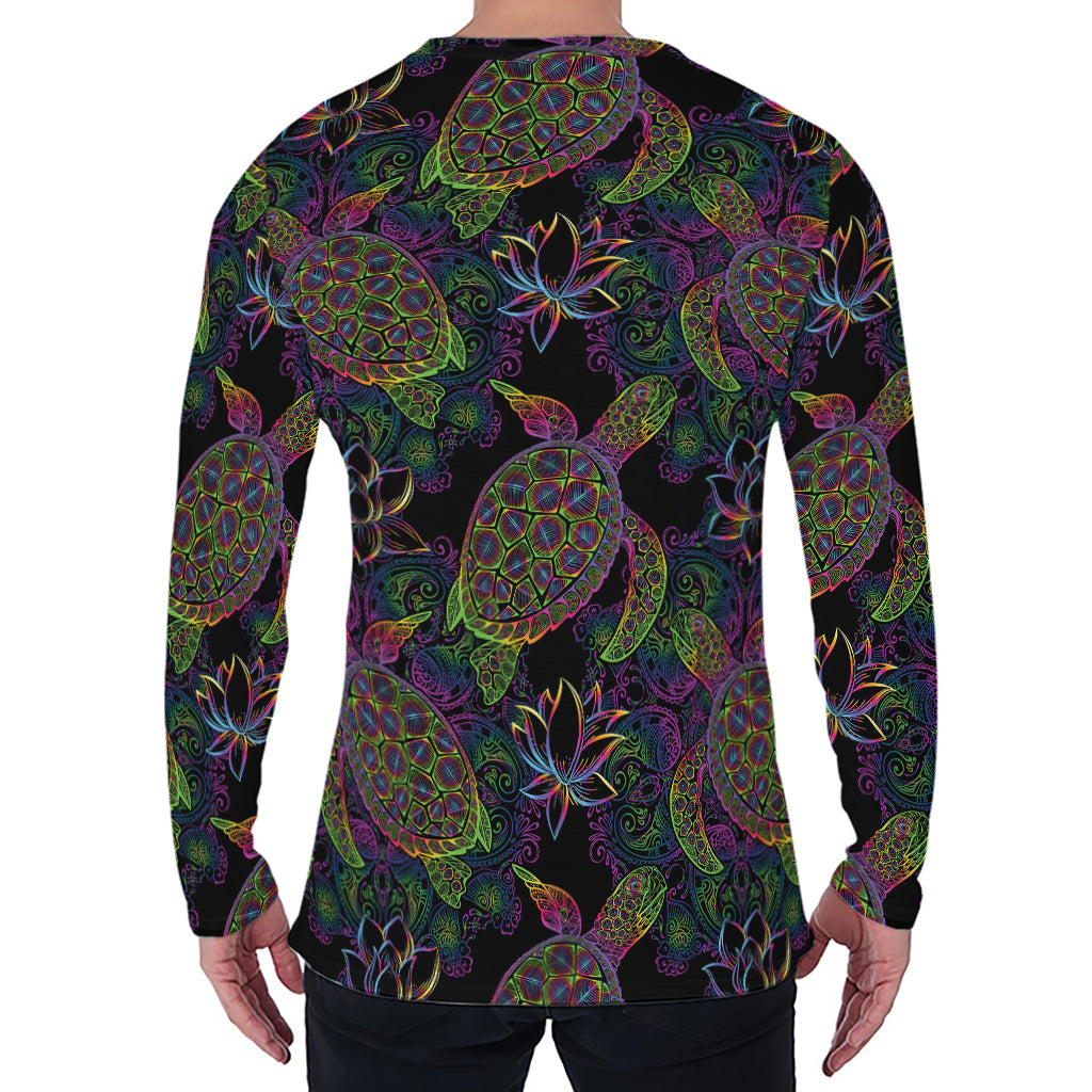 Psychedelic Sea Turtle Pattern Print Men's Long Sleeve T-Shirt