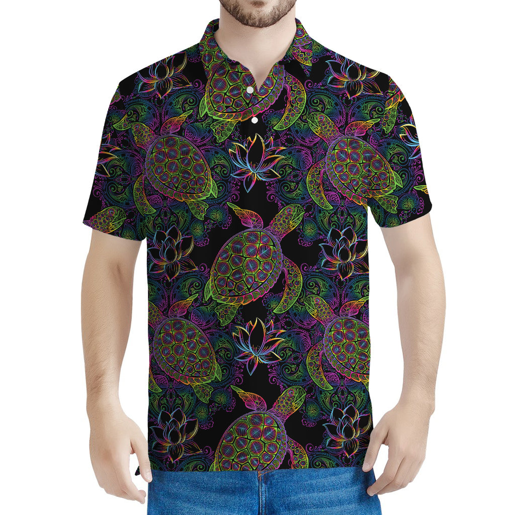 Psychedelic Sea Turtle Pattern Print Men's Polo Shirt