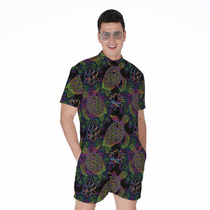 Psychedelic Sea Turtle Pattern Print Men's Rompers