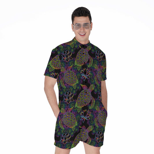 Psychedelic Sea Turtle Pattern Print Men's Rompers