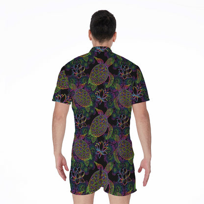 Psychedelic Sea Turtle Pattern Print Men's Rompers