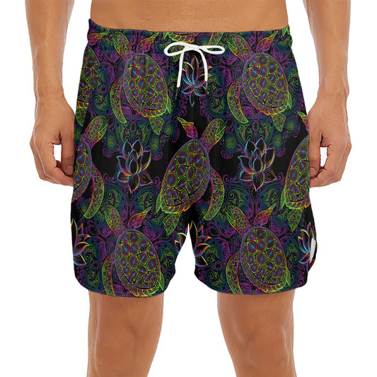 Psychedelic Sea Turtle Pattern Print Men's Split Running Shorts