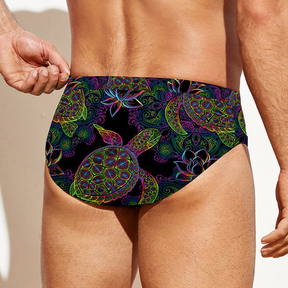 Psychedelic Sea Turtle Pattern Print Men's Swim Briefs