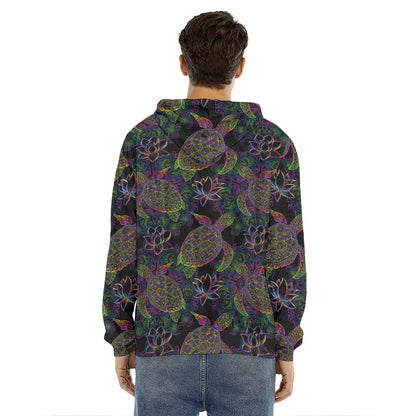 Psychedelic Sea Turtle Pattern Print Men's Velvet Pullover Hoodie
