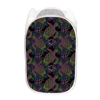 Psychedelic Sea Turtle Pattern Print Mesh Laundry Hamper