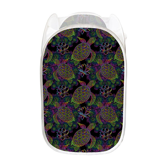 Psychedelic Sea Turtle Pattern Print Mesh Laundry Hamper