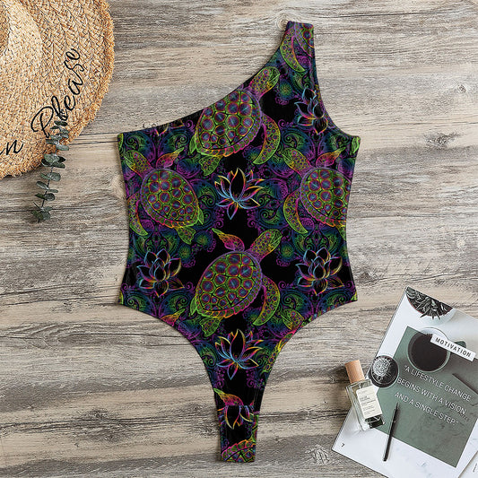 Psychedelic Sea Turtle Pattern Print One Shoulder Bodysuit