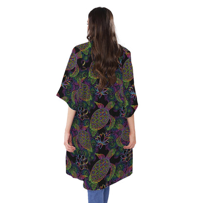 Psychedelic Sea Turtle Pattern Print Open Front Beach Cover Up