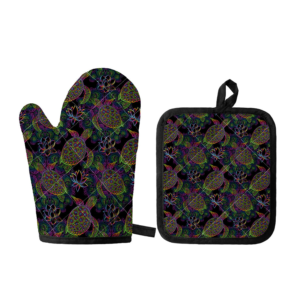Psychedelic Sea Turtle Pattern Print Oven Mitt And Pot Holder Set