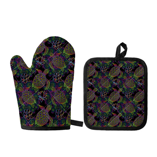 Psychedelic Sea Turtle Pattern Print Oven Mitt And Pot Holder Set