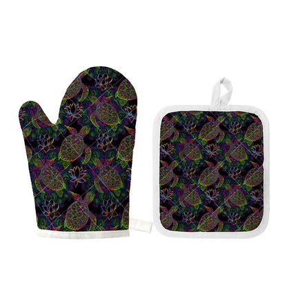 Psychedelic Sea Turtle Pattern Print Oven Mitt And Pot Holder Set