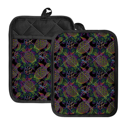 Psychedelic Sea Turtle Pattern Print Pot Holders With Pocket