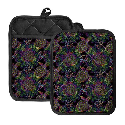 Psychedelic Sea Turtle Pattern Print Pot Holders With Pocket