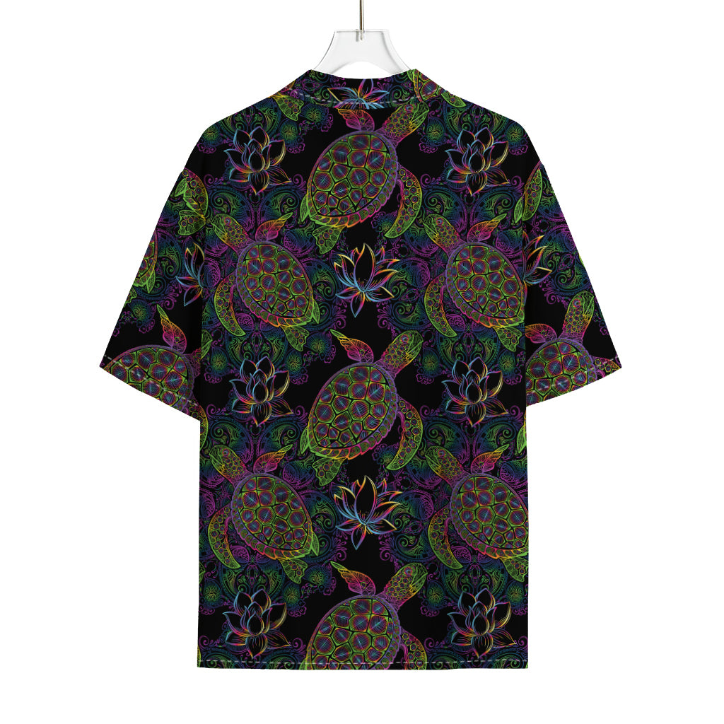 Psychedelic Sea Turtle Pattern Print Rayon Hawaiian Shirt