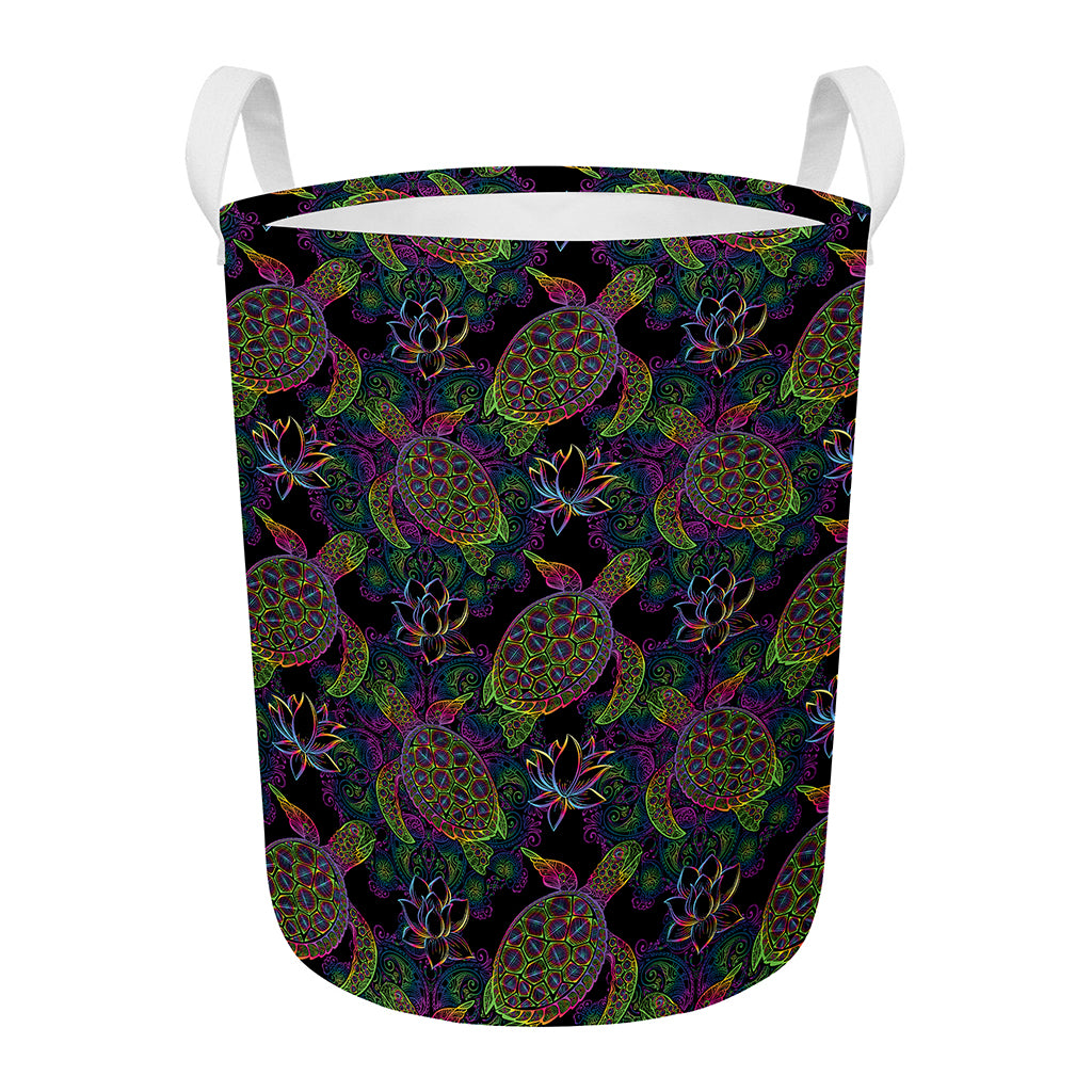 Psychedelic Sea Turtle Pattern Print Round Laundry Basket